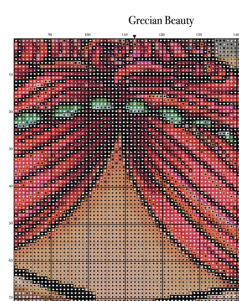 Peut inclure: Motif de point de croix d'un visage avec le texte "Grecian Beauty" en haut. Le visage est rendu dans des tons de rouge, de rose et d'orange, avec des yeux verts et un teint h&acirc;l&eacute;. Le motif est compos&eacute; de petits carr&eacute;s.