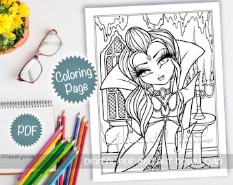 Vampirella Vampire Girl Halloween Spooky Monster Coloring Page PDF Download Printable Hand Drawn Whimsy Girls Line Art Hannah Lynn