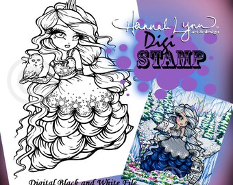PRINTABLE Digi Stamp Ice Princess Snow Queen Coloring Page Fun Fantasy Art Hannah Lynn