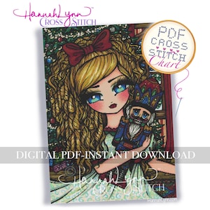 May include: A cross-stitch pattern featuring a cartoon girl with blonde hair and blue eyes holding a nutcracker. The image includes the text "DIGITAL PDF-INSTANT DOWNLOAD" and "PDF CROSS STITCH CHART". The girl wears a red bow and a green dress.