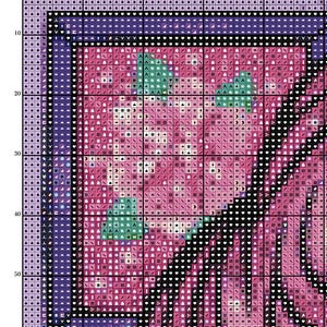 May include: A cross-stitch pattern featuring a floral design in pink, purple, and green. The words "Crafty Girl" are at the top. The pattern is on a grid, ready for stitching.