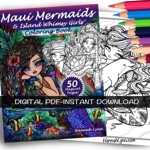 PDF DIGITAL Printable Coloring Book Maui Mermaids & Island Whimsy Girls All Ages Fantasy Fairy Art by Hannah Lynn