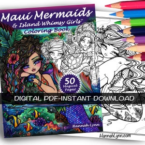 PDF DIGITAL Printable Coloring Book Maui Mermaids & Island Whimsy Girls All Ages Fantasy Fairy Art by Hannah Lynn image 1