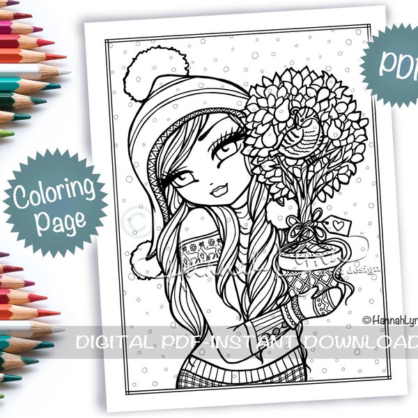 Partridge in a Pear Tree Winter Girl Coloring Page PDF Download Christmas Holiday Printable Big Eye Whimsy Girls Line Art Hannah Lynn