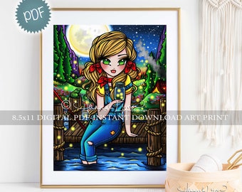 Summer Nights Fireflies Fishing Art Print PDF Download Printable Big Eye Whimsy Girls by Hannah Lynn for Studio Nursery Kids Craft Room