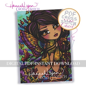 Könnte beinhalten: Ein Kreuzstichmuster mit einer Cartoon-Fee mit braunen Haaren und großen Augen, verziert mit bunten Flügeln und Herbstblättern. Das Bild enthält den Text "PDF Cross Stitch Chart" und "Digital PDF-Instant Download."