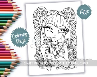 Candy Girl Coloring Page PDF Download Printable Big Eye Hand Drawn Line Art Whimsy Girls Art Hannah Lynn