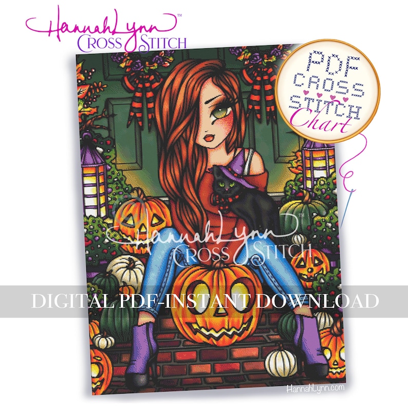 May include: A digital PDF cross stitch chart featuring a Halloween-themed illustration. The artwork depicts a woman with red hair, blue jeans, and a black cat, surrounded by pumpkins and autumn foliage. Text includes "Hannah Lynn Cross Stitch" and "Digital PDF-Instant Download."