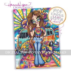 May include: A vibrant illustration of a woman in a tie-dye top and flared jeans, giving a peace sign. The image includes a VW campervan, peace symbols, and the text "DIGITAL PDF-INSTANT DOWNLOAD". It is a cross-stitch chart.