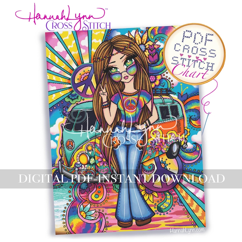 May include: A vibrant illustration of a woman in a tie-dye top and flared jeans, giving a peace sign. The image includes a VW campervan, peace symbols, and the text "DIGITAL PDF-INSTANT DOWNLOAD". It is a cross-stitch chart.