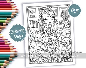 Dog Mom Girl Coloring Page PDF Download Animal Pets Dogs Printable Big Eye Hand Drawn Whimsy Girls Line Art Hannah Lynn