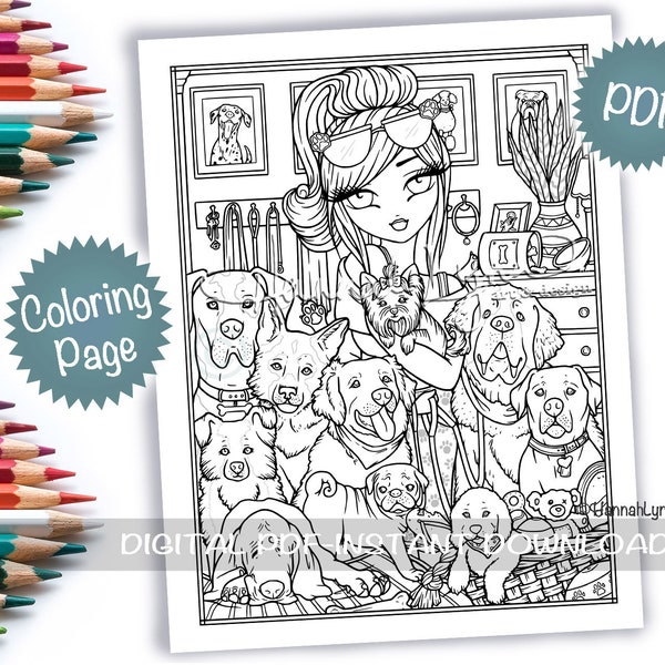 Dog Mom Girl Coloring Page PDF Download Animal Pets Dogs Printable Big Eye Hand Drawn Whimsy Girls Line Art Hannah Lynn