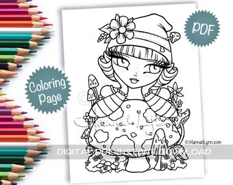 Garden Dreams Gnome Mushroom Girl Coloring Page PDF Download Printable Big Eye Hand Drawn Whimsy Girls Line Art Hannah Lynn