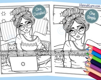 Cozy Morning Coffee Cat Laptop Modern Girl Glasses Coloring Page Set Cute Whimsy Girls Character Line Art PDF Download Printable Hannah Lynn