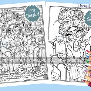 Crazy Cat Lady Coloring Page Set Fun Kitties Whimsy Girl Line Art PDF Téléchargement imprimable Hannah Lynn