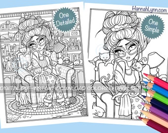 Crazy Cat Lady Coloring Page Set Fun Kitties Whimsy Girl Line Art PDF Printable Download Hannah Lynn