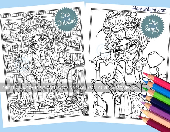 Crazy Cat Lady Coloring Page Set Fun Kitties Whimsy Girl Line Art PDF  Printable Download Hannah Lynn 