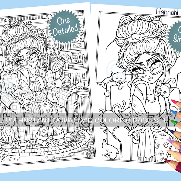 Crazy Cat Lady Coloring Page Set Fun Kitties Whimsy Girl Line Art PDF Printable Download Hannah Lynn