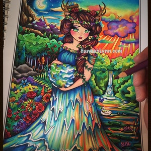 Mother Earth Nature Coloring Page Cute Whimsy Girls Mythical Maidens Fantasy Character Line Art PDF Download Printable Hannah Lynn image 2