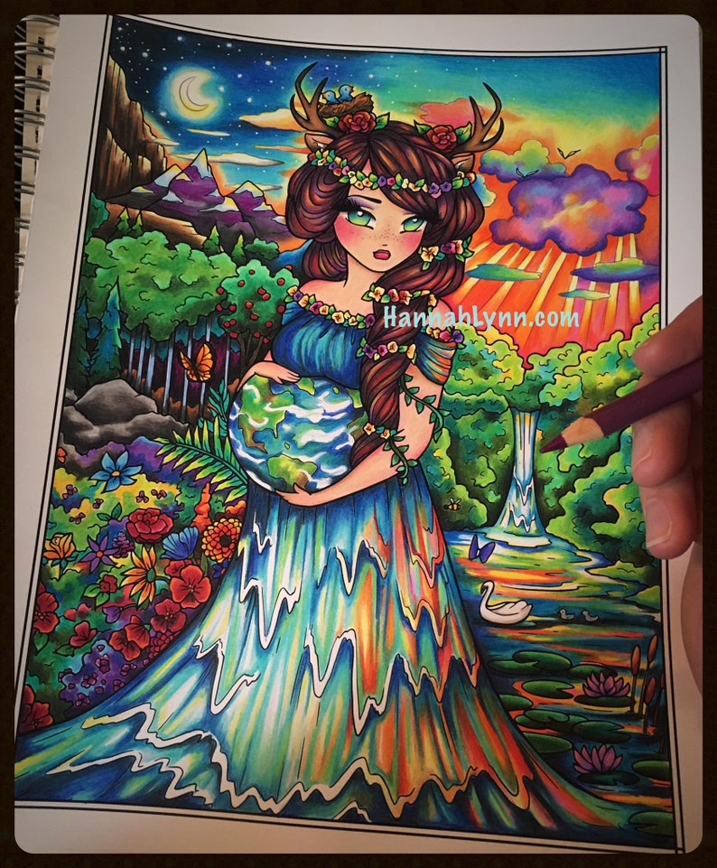 Mother Earth Nature Coloring Page Cute Whimsy Girls Mythical Maidens Fantasy Character Line Art PDF Download Printable Hannah Lynn image 2