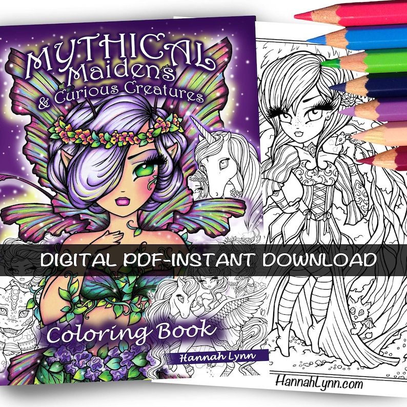 PDF DIGITAL Mythical Maidens & Curious Creatures Coloring Book Hannah Lynn Printable Coloring Pages 