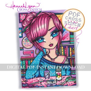 May include: A vibrant illustration of a woman with pink hair and blue eyes, holding a pencil. The image includes the text "PDF Cross Stitch Chart" and "Digital PDF-Instant Download". The artwork features a sewing machine, books, and cross-stitch supplies.