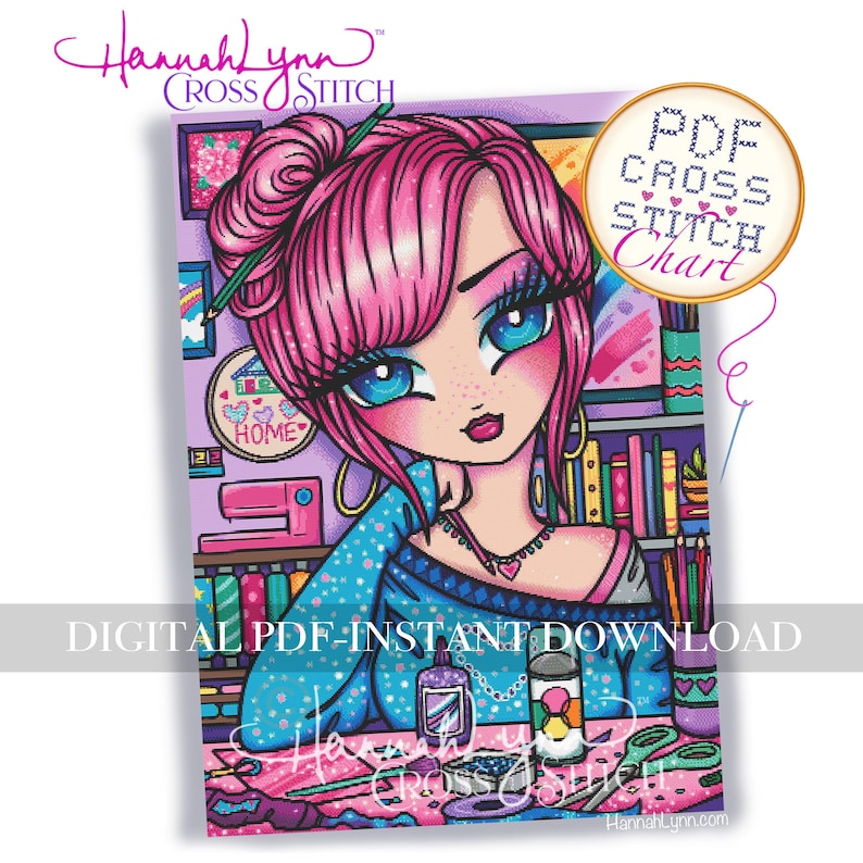 May include: A vibrant illustration of a woman with pink hair and blue eyes, holding a pencil. The image includes the text "PDF Cross Stitch Chart" and "Digital PDF-Instant Download". The artwork features a sewing machine, books, and cross-stitch supplies.