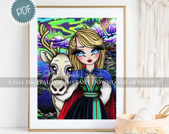 Northern Lights Princess Nordic Art Print PDF Download Printable Big Eye Whimsy Girls by Hannah Lynn for Studio Nursery Kids Craft Room