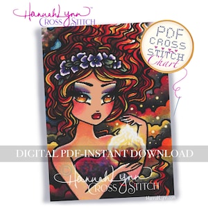 May include: A cross-stitch chart featuring a colorful illustration of a woman with red hair, a floral crown, and large eyes. The image includes the text "PDF CROSS STITCH CHART" and "DIGITAL PDF-INSTANT DOWNLOAD". The artist's name, "Hannah Lynn", is also visible.