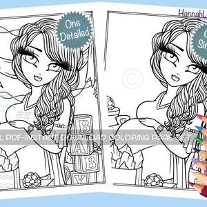 Conjunto de páginas para colorir chá de bebê adorável festa grávida caprichosa menina personagem linha arte PDF download para impressão Hannah Lynn