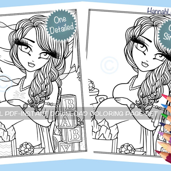 Baby Shower Coloring Page Set Adorable Pregnant Party Whimsy Girl Character Line Art PDF Download Printable Hannah Lynn