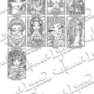 May include: A black and white coloring book featuring eight different illustrations of women with fantasy-inspired hairstyles and accessories. Each illustration is framed in a square and labeled with a title, such as "Lady Winter", "Poker Alice", and "Lotus".