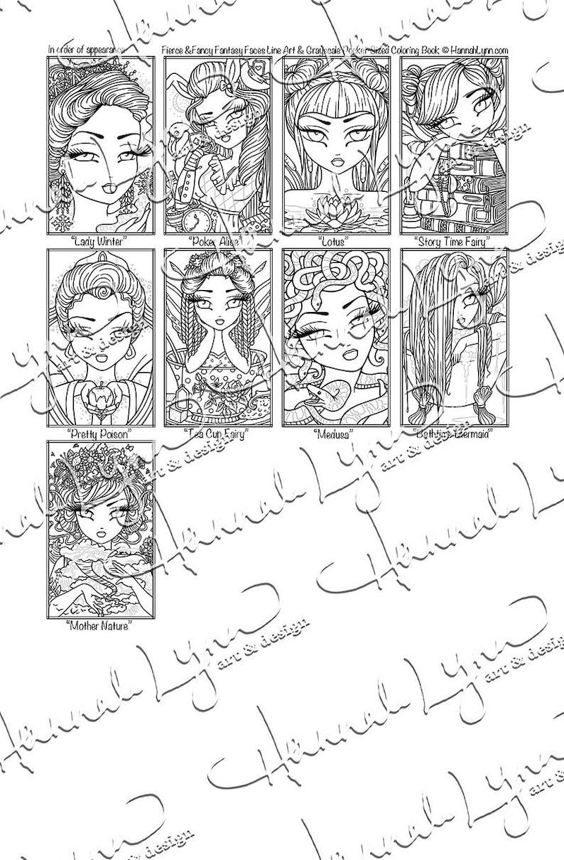 May include: A black and white coloring book featuring eight different illustrations of women with fantasy-inspired hairstyles and accessories. Each illustration is framed in a square and labeled with a title, such as "Lady Winter", "Poker Alice", and "Lotus".