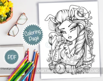 Grayscale Poker Alice in Wonderland White Rabbit Coloring Page PDF Download Printable Big Eye Hand Drawn Whimsy Girls Art Hannah Lynn