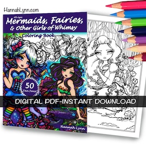 PDF DIGITAL Printable Coloring Book All Ages Fantasy 50 Fan Favs Mermaid Fairy Art by Hannah Lynn