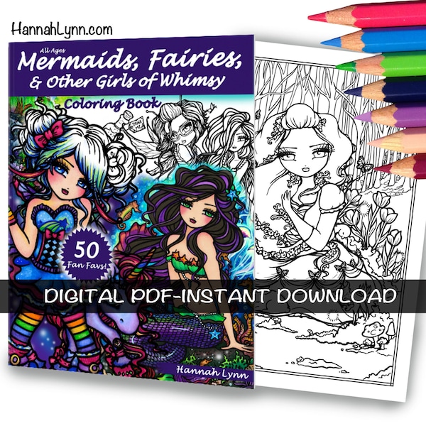 PDF DIGITAL Printable Coloring Book All Ages Fantasy 50 Fan Favs Mermaid Fairy Art by Hannah Lynn