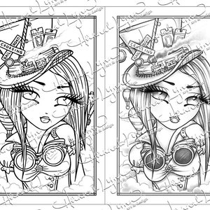 May include: A black and white line art illustration of a woman with a large, elaborate hat. The hat is decorated with a train crossing sign, gears, and other steampunk elements. The woman is wearing goggles and a corset. The background is a cloudy sky.
