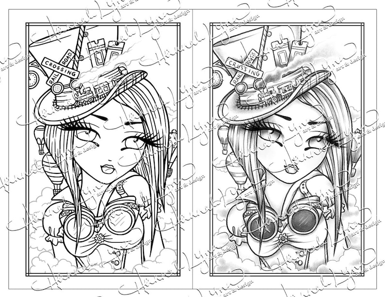 May include: A black and white line art illustration of a woman with a large, elaborate hat. The hat is decorated with a train crossing sign, gears, and other steampunk elements. The woman is wearing goggles and a corset. The background is a cloudy sky.
