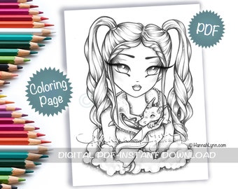 Grayscale Baby Dragon Happy Hatchling Girl Coloring Page PDF Download Printable Big Eye Hand Drawn Whimsy Girls Art Hannah Lynn