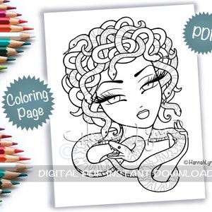 Medusa Snake Lady Fantasy Coloring Page PDF Download Printable Big Eye Hand Drawn Whimsy Girls Line Art Hannah Lynn