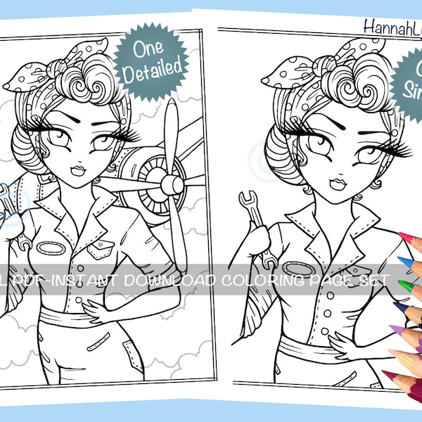 Warbird Rosie 40's Girl WWII Mechanic Coloring Page Set Cute Whimsy Girls Historical Character Line Art PDF Download Printable Hannah Lynn