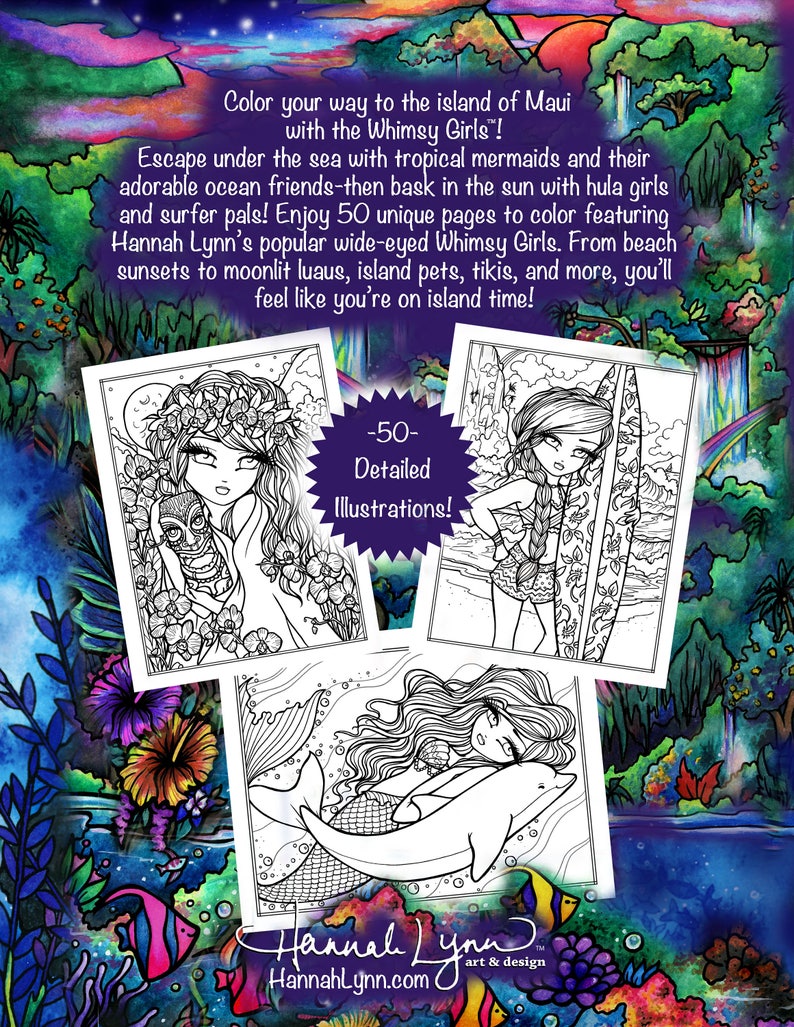 PDF DIGITAL Printable Coloring Book Maui Mermaids & Island Whimsy Girls All Ages Fantasy Fairy Art by Hannah Lynn image 2