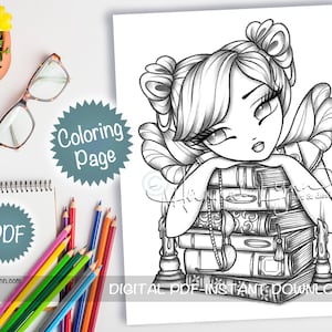 Grayscale Story Time Fairy Books Reading Library Girl Coloring Page PDF Download Printable Big Eye Hand Drawn Whimsy Girls Art Hannah Lynn