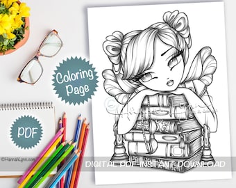 Grayscale Story Time Fairy Books Reading Library Girl Coloring Page PDF Download Printable Big Eye Hand Drawn Whimsy Girls Art Hannah Lynn