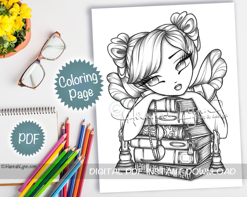 May include: Black and white line art coloring page featuring a fairy with large eyes and a stack of books. The fairy is resting her chin on the books and has a whimsical expression. The text "DIGITAL PDF INSTANT DOWNLOAD" is at the bottom of the page.