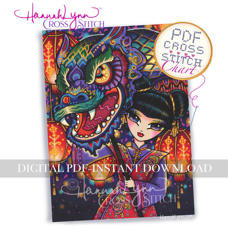 K&ouml;nnte beinhalten: Eine farbenfrohe Kreuzstichvorlage mit einem Drachen und einer Frau in traditioneller Kleidung. Das Bild enth&auml;lt den Text "DIGITALER PDF-SOFORT-DOWNLOAD" und "PDF-KREUZSTICH-DIAGRAMM". Das Kunstwerk ist lebendig mit Farbt&ouml;nen von Lila, Rot und Gr&uuml;n.