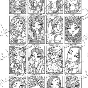 May include: A black and white illustration of 12 different cartoon girls with various themes. Each girl has a unique hairstyle, outfit, and accessories. The girls are labeled with names like "Arabelle", "Railroad Crossing", "Cake Queen", "Foxy", "Swashbuckling Beauty", "Cafe Cutie", "Dragon Tamer", "Darling Deer", "Candy Girl", "Queen of Fire", "Ocean Dreams", "Bitten", "Happy Hatchling", "Sweet Starfish", "Arctic Warrior", and "Berry Fairy".