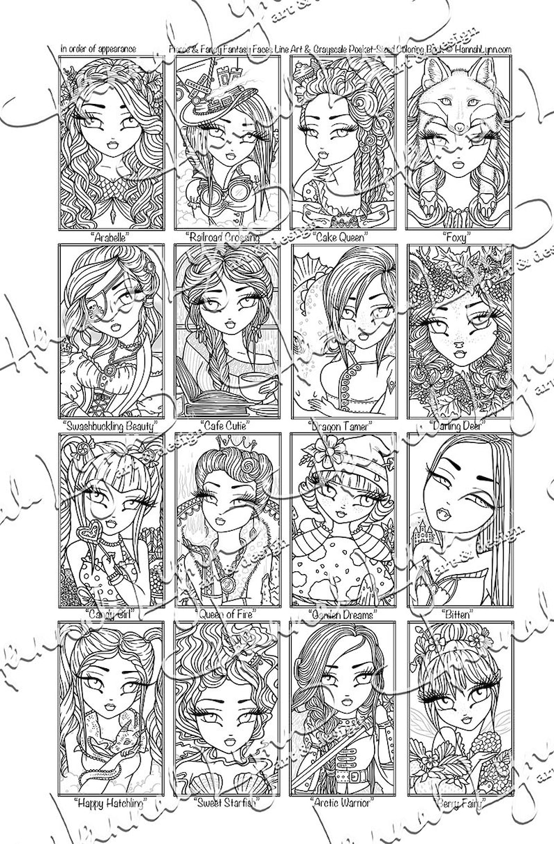 May include: A black and white illustration of 12 different cartoon girls with various themes. Each girl has a unique hairstyle, outfit, and accessories. The girls are labeled with names like "Arabelle", "Railroad Crossing", "Cake Queen", "Foxy", "Swashbuckling Beauty", "Cafe Cutie", "Dragon Tamer", "Darling Deer", "Candy Girl", "Queen of Fire", "Ocean Dreams", "Bitten", "Happy Hatchling", "Sweet Starfish", "Arctic Warrior", and "Berry Fairy".