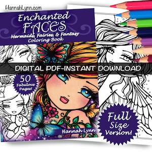 Enchanted Faces Printable Coloring Book Enchanted Faces All Ages Fantasy Mermaid Fairy Easy Simple Line Art Large Print by Hannah Lynn image 1
