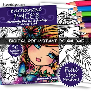 Enchanted Faces Printable Coloring Book Enchanted Faces All Ages Fantasy Mermaid Fairy Easy Simple Line Art Large Print by Hannah Lynn